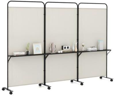 Costway 3-Panel Folding Room Divider with 3 Metal Shelves and Lockable Wheels-White
