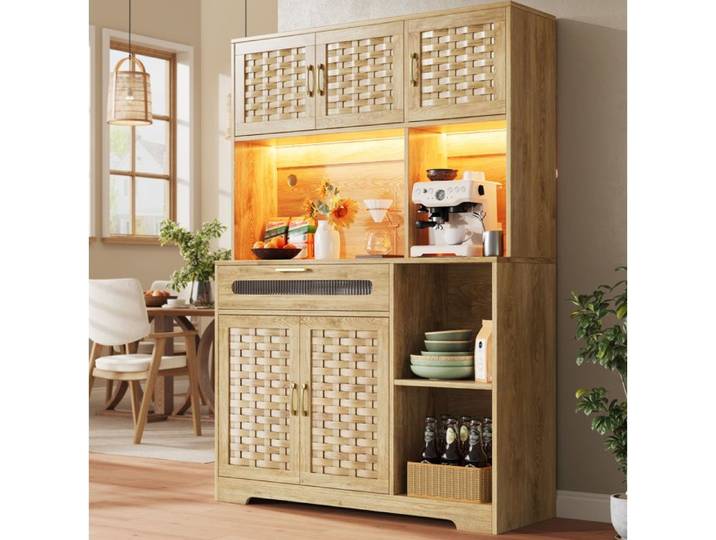 WOVREO buffet haut 120x40x180 cm avec LED 5 portes 1 tiroir aspect bois naturel