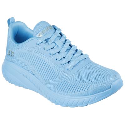 Sneaker SKECHERS "BOBS SQUAD CHAOS-COOL RYTHMS", Damen, Gr. 35, Textil, blau (neon aquablau), unifarben, Schuhe Sneaker, Knitwear-Sneaker, Schnürschuh in veganer Verarbeitung