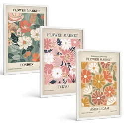 BILDER SET 3er Set - 40x60 cm Weißer Rahmen - Blumenmuster London Tokio Amsterdam