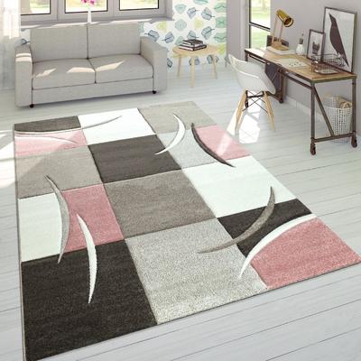 Paco Home Modern Living Room Rug Checkered in pink white grey