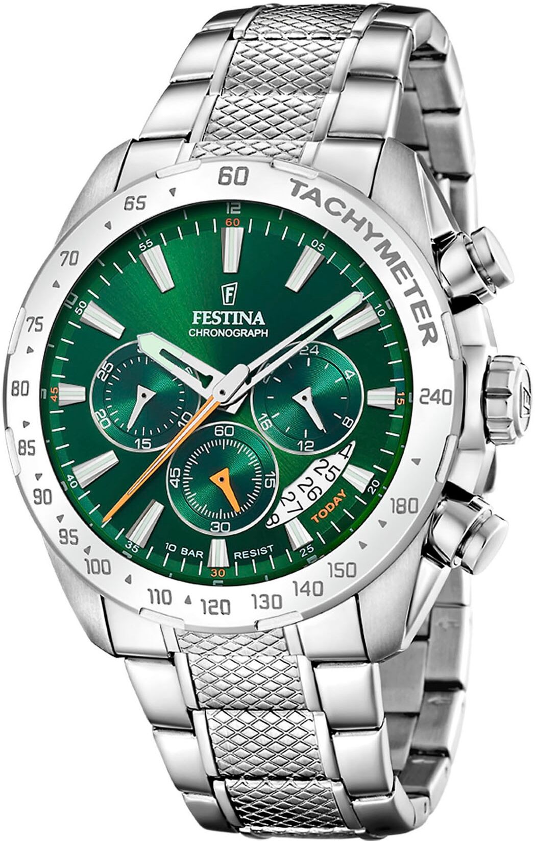 Chronograph FESTINA "Timeless Chronograph", silber (silberfarben, grün, grün), Armbanduhren, Herren, silberfarben, Chronograph, Armbanduhr, Quarzuhr, Herrenuhr, Stoppfunktion, Edelstahlarmband