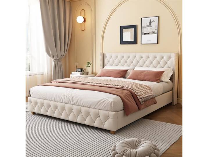 DRIPEX Lit capitonné en lin 140×190cm avec sommier à lattes et tête de lit revêtement boutons et rivets pieds en bois Beige