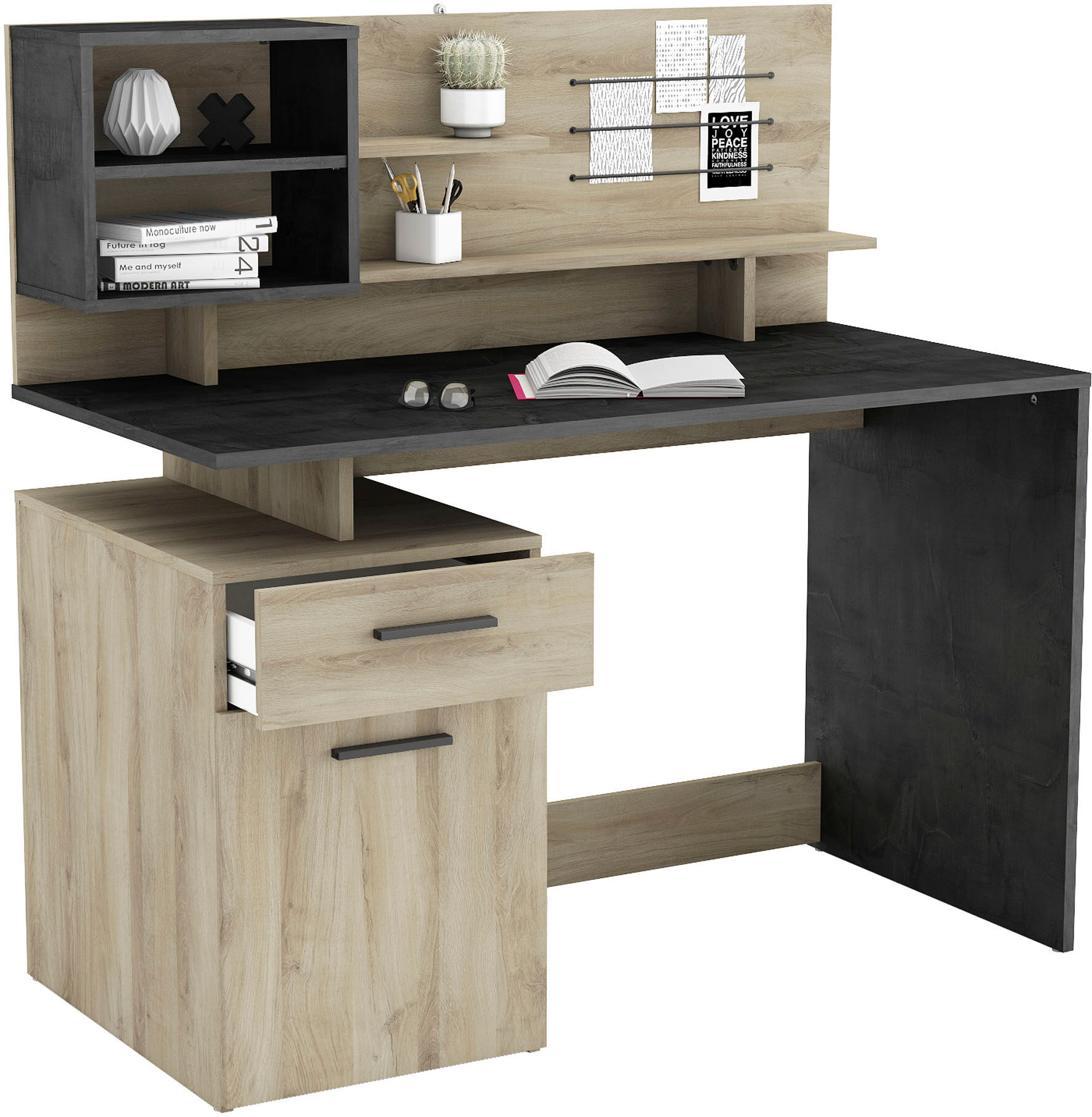 Schreibtisch DEMEYERE GROUP "Malicia", braun (kronberg eich, sidewalk, sidewalk), B:121,5cm H:119,6cm T:58,4cm, Tische, Schreibtisch, Schreibtisch mit Funktionalen Ausstattung kronberg eich, sidewalk, sidewalk B/H/T: 121,5cm x 119,6cm x 58,4cm