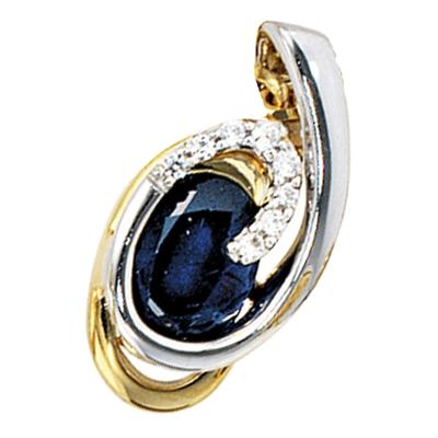 Kettenanhänger JOBO "Saphir-Anhänger 15 mm", gelbgold 585, blau, Schmuckanhänger, Damen, P1 = bei 10-facher Vergrößerung erkennbare Einschlüsse, Diamanten Gelbgold 585 Weißgold 585, Diamanten, Gelbgold 585, Weißgold 585, Kettenanhänger, 14 Karat 585...