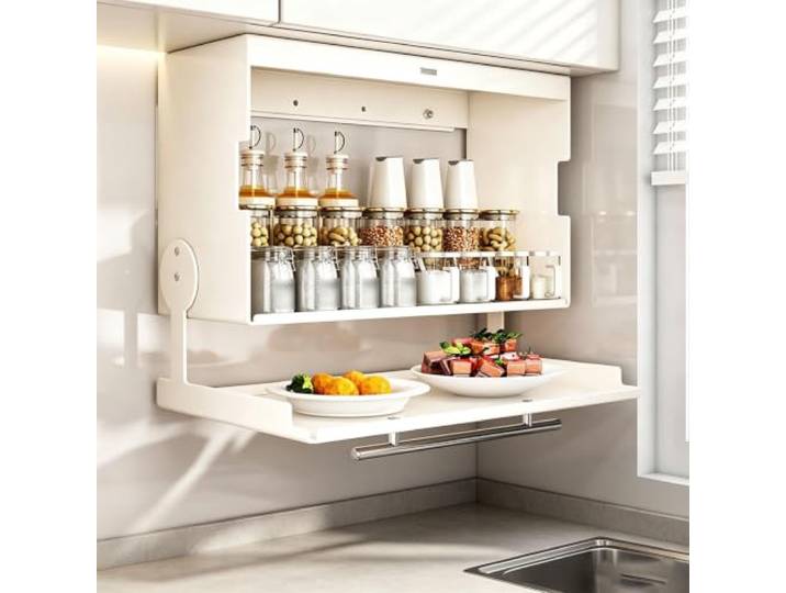 WNGJZZYC 2-Stufiger Ausziehschrank-Organizer, 90° Herabklappbares Regal Wandmontierter Gewürzregal-Organizer, Gewürzgläser, Multifunktionaler Hängespeicher Für Vorratskammer(White,H40cm/16in)