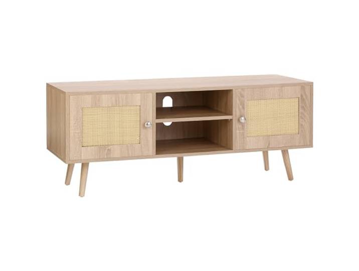 VEVOR Rotan-tv-standaard, tv-kast boho-tv-kast voor 140 cm televisie, retro tv-standaard, rotan tv-console met verstelbare planken en 2 deuren, voor woonkamer, mediaruimte, eiken