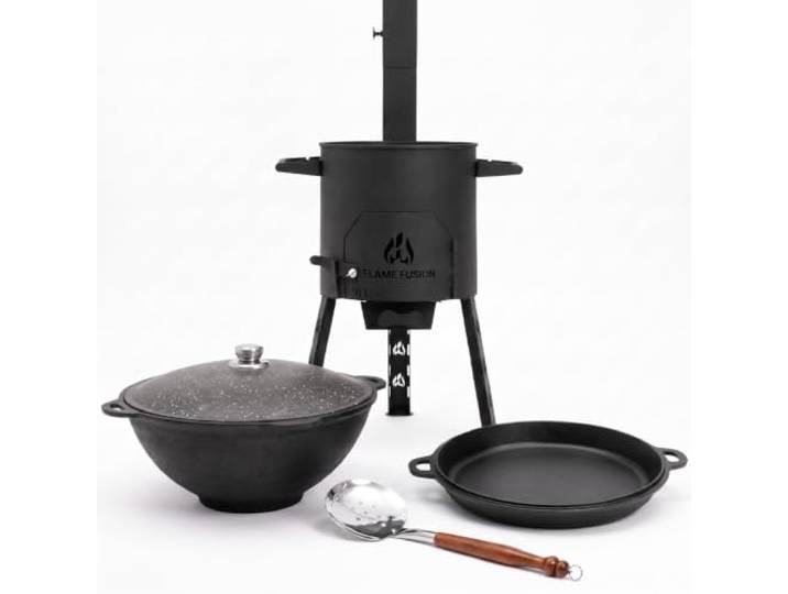FlameFusion Utschak S [Set wählbar] - inkl. Kazan 10 L, Gusspfanne 38 cm und Schaumlöffel Outdoor Kochset zum Schmoren Braten Plov