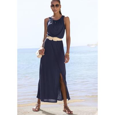 Maxikleid LASCANA "aus Jerseyware mit hohem Beinschlitz", Damen, Gr. 38, N-Gr, blau (marine), Jersey, Obermaterial: 100% Viskose, unifarben, figurumspielend lang, Rundhals, Kleider Maxikleid, Sommerkleid, Strandkleid, leichtes Jerseykleid, casual