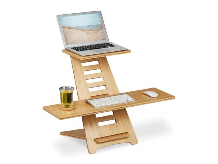 Relaxdays bureau verhoger, bamboe, met 2 planken, in de hoogte verstelbaar, zit-sta-verhoger laptop, werkplek, naturel