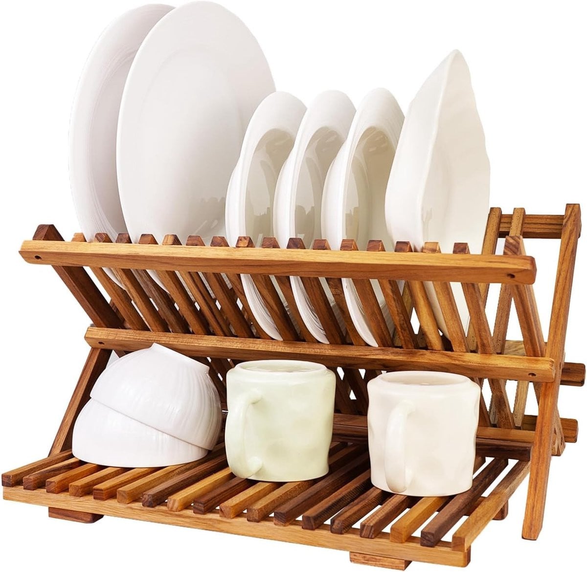 Vouwbaar afwasrek van teak hout met drie niveaus