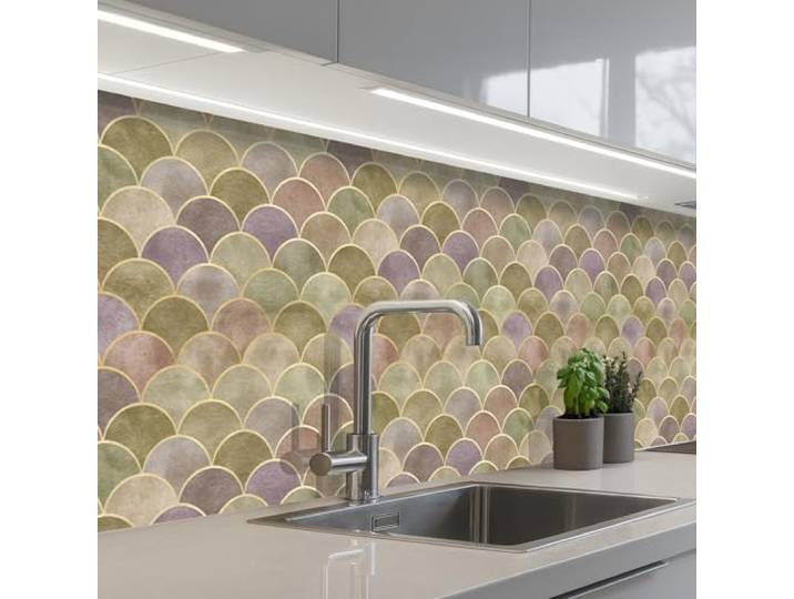 KitchenYeah© Spritzschutz Küche Küchen Rückwand Küchendeko Wand Wandschutz 60x250 cm - Selbstklebend Backsplash Kitchen Peel And Stick Sanft - Gold - Bunt