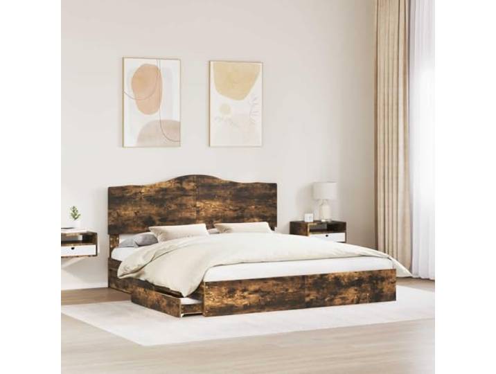 SKTQYQO Boxspringbett mit Kopfteil Eiche Rauchgrau 180 x 200 cm Technisches Holz, integrierte Schubladen, modernes Design, einfache Montage