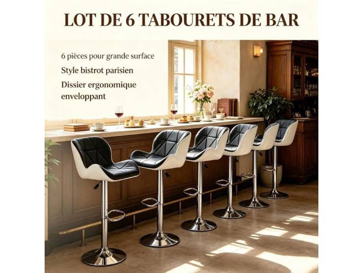 PIPIPOXER Lot de 6 Tabouret de bar matelassé losange chaise comptoir réglable pivot 360° trompette pour café bistrot hôtel