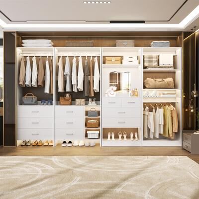 Rackcog Cimly Set of 4 Closet Organizer with Drawers and Mirror, Freestanding Closet System with Hanging Rods