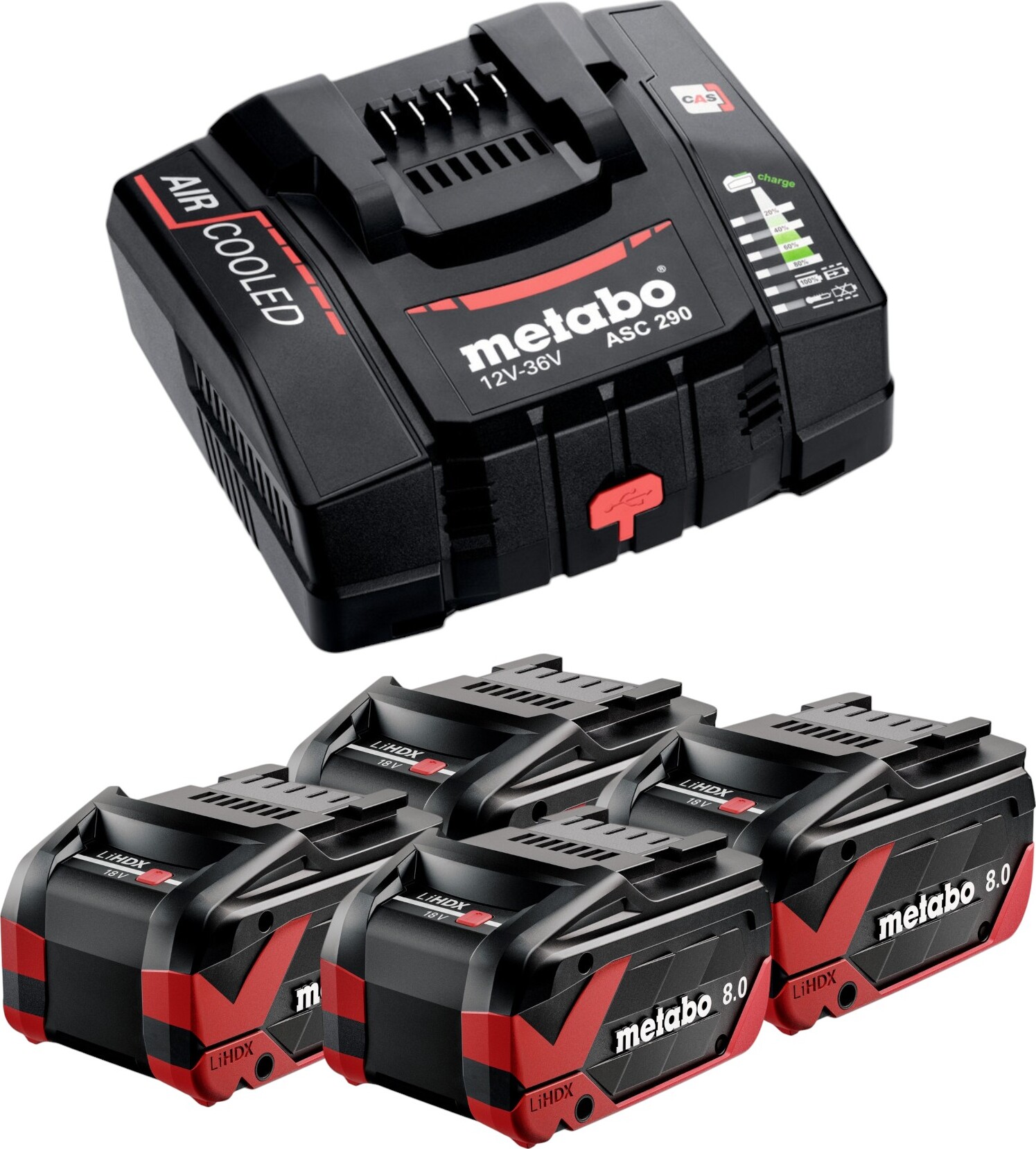 Metabo Basis Set 4x LiHDX Akkupack 18 V 8,0 Ah Akku ( 4x 624975000 ) + ASC 290 Ladegerät ( 627370000 )