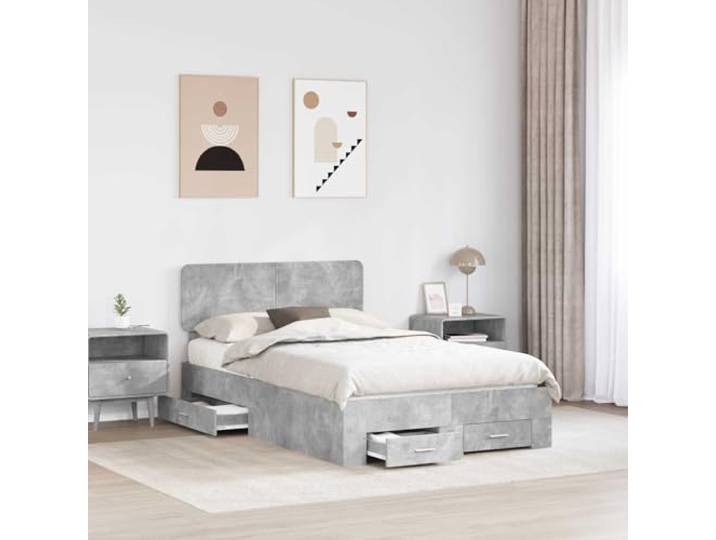 SKTQYQO Bettgestell mit Schubladen, betongrau, 120 x 190 cm Lattenrost, Kopfteil inklusive, Engineering-Holz, einfach zu montieren