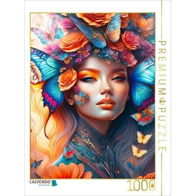 CALVENDO Puzzle Fantasiefrau umgeben von bunten Schmetterlingen und Blumen | 1000 Teile Lege-Größe 64x48cm Foto-Puzzle für glückliche Stunden,