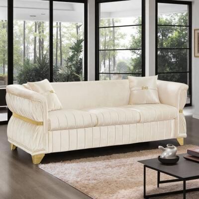 Velvet Sofa with Gold Metal Trim, Gold-Tone Legs, and Curved Armrests
