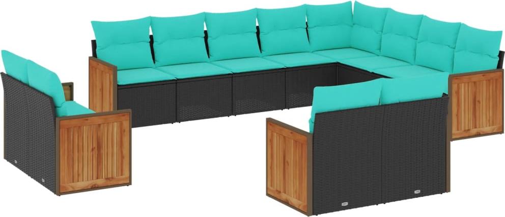 12-teiliges Gartensofa-Set mit Kissen, schwarzes Polyrattan