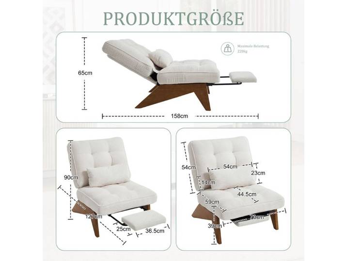 Fauteuil relax - ZEVKOR - Relax inclinable - Corduroy beige - Repose‑pieds - Coussin lombaire