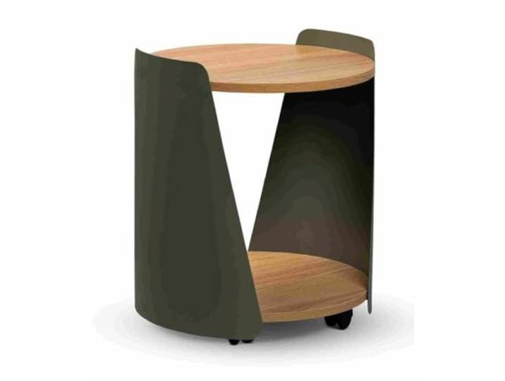 möbelando Beistelltisch >Sandro 2< modern, mit Rollen, Metallgestell grün, MDF Eiche Dekor, mobil & funktional – praktische Ablage, vielseitig einsetzbar, 48x40cm (HxD).