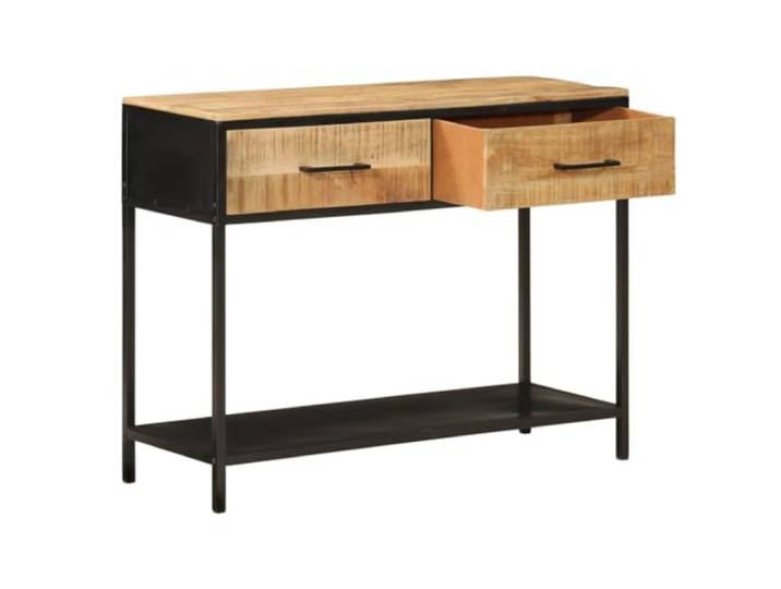 Konsolentisch aus Massivholz Mango und Eisen, 100x35x76 cm Massives Mangoholz, Eisenfüße, 2 Schubladen, unteres Regal, Wandmontage