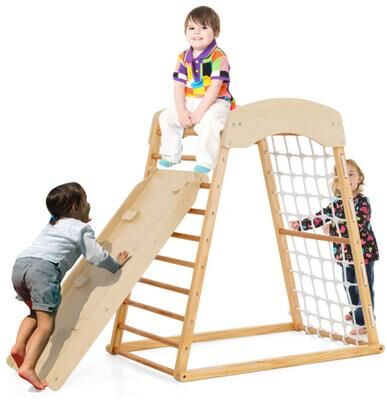 Costway 6-in-1 Jungle Gym Wooden Indoor Playground with Double-Sided Ramp and Monkey Bars-Natural