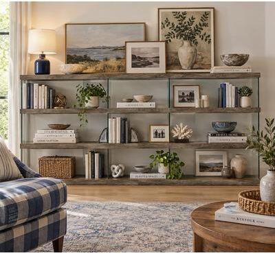 Davee Furniture "Modern Glass and Wood 4-Tier Etagere Bookcase Set (Set of 2 / Expandable 96"" Wide) - 96.49'' x 43.31'' x 15.74''"