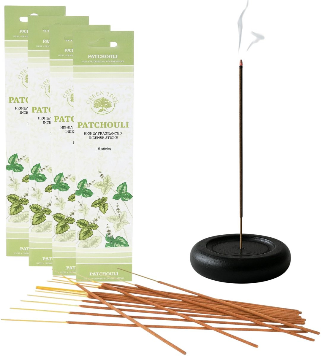 Green Tree Wierookstokjes Patchouli – 4 x 15 stuks met houten wierookhouder – Handgerold in India