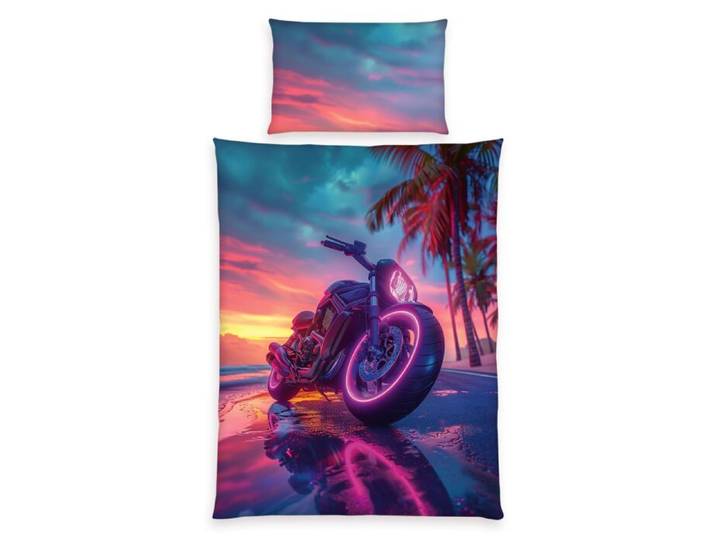 Bettwäsche Neon Motorrad und Palmen