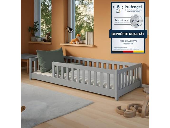 Kids Collective Montessori-Bodenbett 90x190 cm, Aschgrau, mit Matratze
