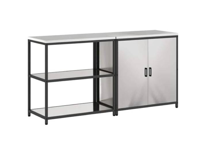 HKTMGDNG Outdoor Küchenregal Set 2-teilig Edelstahl Silber 90x50x92cm Robuster Gastro-Beistelltisch mit 4 Regalböden & 2 Türen für Terrasse, Garten und Outdoor-Küche mit viel Stauraum.