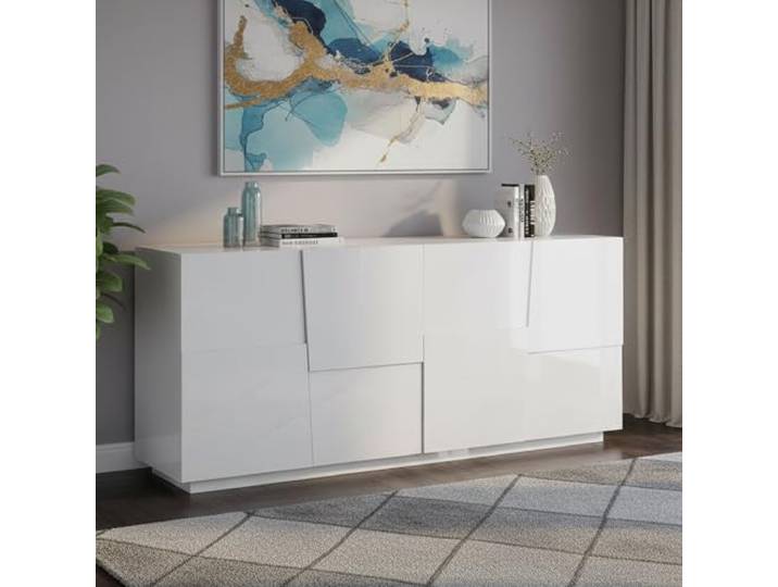 Dmora - Kommode Yago, Wohnzimmer-Buffet, modernes Wohnzimmer-Kommode mit 4 Türen, 200x44x86 cm, glänzendes Weiß