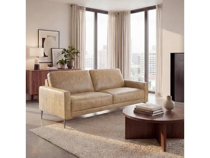 Livetastic 2-Sitzer-Sofa Spring, Beige, Metall, Echtleder, Rindleder, 157x85x92 cm, Rücken echt, Wohnzimmer, Sofas & Couches, Sofas, Ledersofas