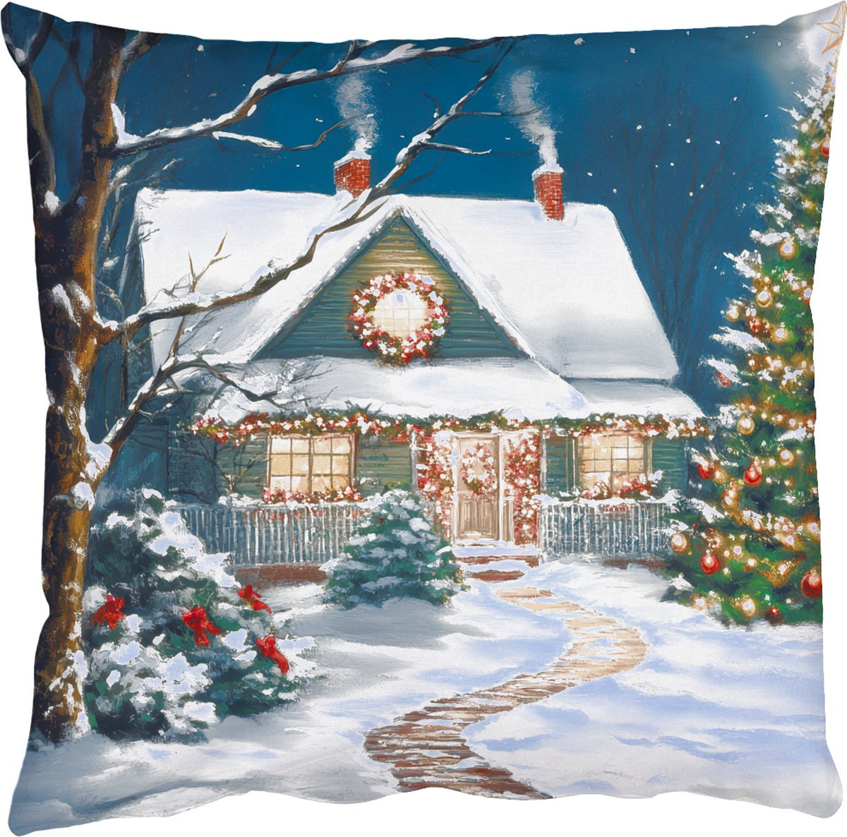 Kerstsierkussen met kerstboom en sneeuw motief voor binnen, 50 x 50 cm