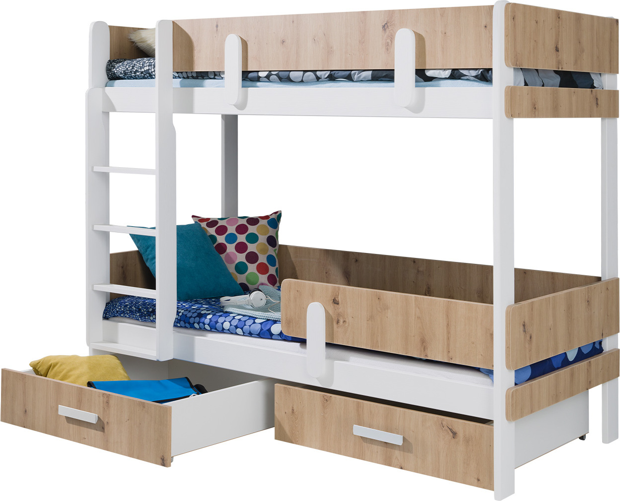MIRJAN24 Etagenbett Ettore 90, Jugendbett mit Bettschubladen, Hochbett (Weiß / Artisan Eiche, Größe: 90x200, Seite: Links)