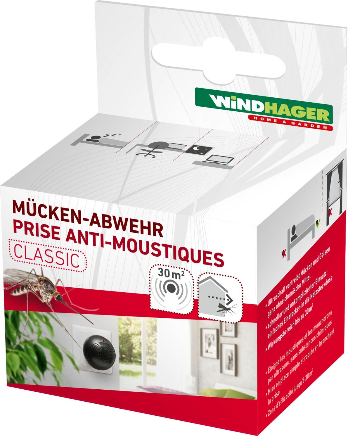 Insektenabwehrgerät WINDHAGER "für Mücken, Mückenabwehr Classic, Mückenstecker", weiß (schwarz), B:6cm H:6cm T:9cm, Tierfernhaltegeräte, hält Mücken in Innenräumen mithilfe von ultrahohen Tonfrequenzen fern