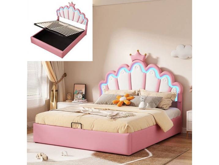 Lit enfant de princesse - 140x200 cm - Coffre hydraulique - LED multicolores - Tête de lit nuage - Rose