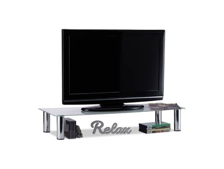 Relaxdays Table TV pieds métalliques chromés élévation écran rectangulaire rehausseur en verre 100x35x17 cm blanc