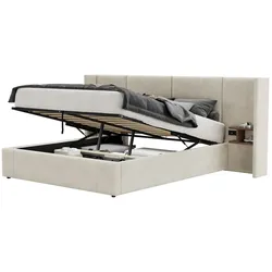 Merax Doppelbett 160x200cm, Polsterbett & Breitohrbett mit USB/Steckdosen, inkl. 2 Nachttischen & Holzlattenrost, Samt, Beige