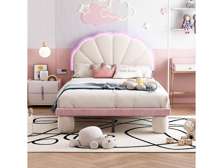 Gepolstertes Bett 90x200cm, mehrfarbige LED-Beleuchtung, geschwungenes Kopfteil, runde Beine, beige-rosa Samt