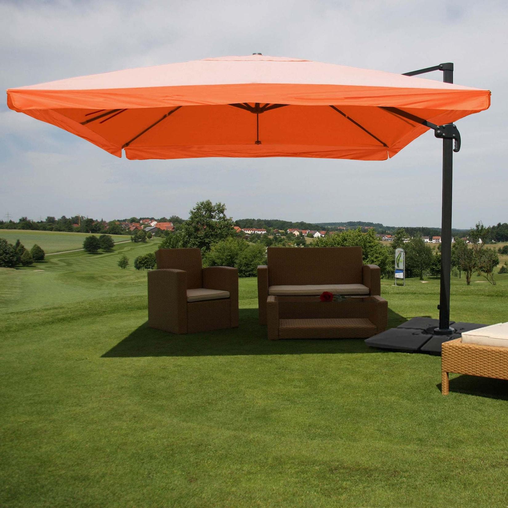 Gastronomie-Ampelschirm MCW-A96, 3,5x3,5m (Ø4,95m) Polyester/Alu 25kg ~ Flap, terracotta mit Ständer