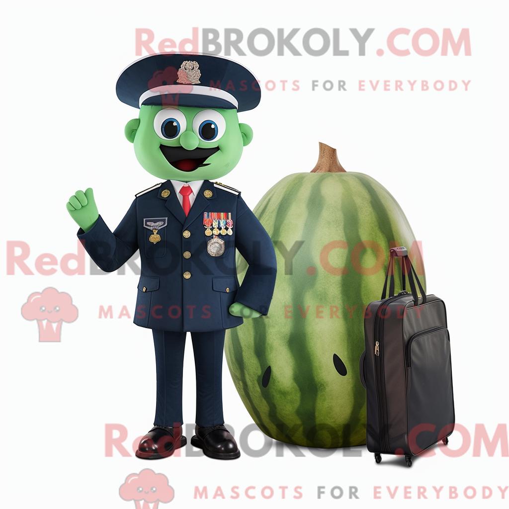 Maskottchen REDBROKOLY einer marineblauen Wassermelone mit Bluse und Aktentasche