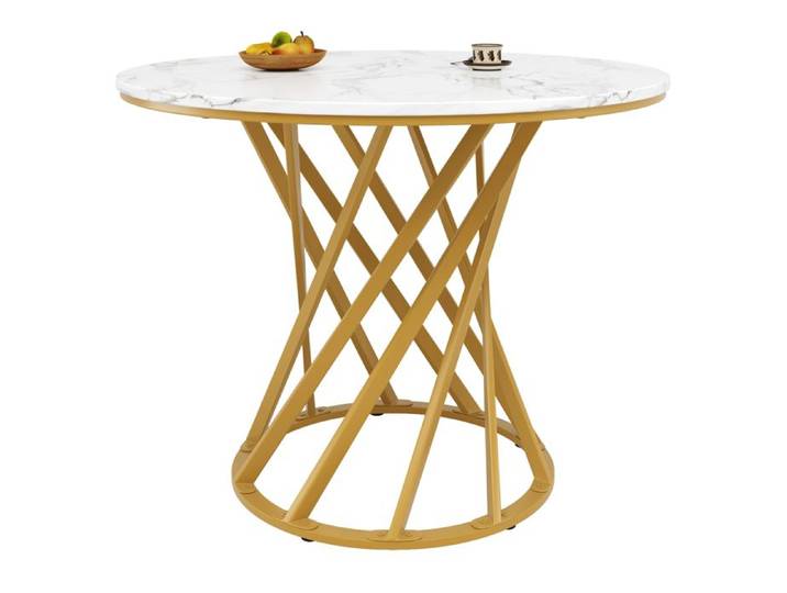 Table ronde - Effet marbre - Diamètre 80 cm - Plateau MDF - Pieds métalliques dorés réglables