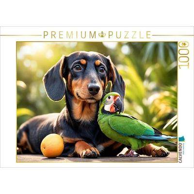 CALVENDO Puzzle Dackel und Papagei in tropischer Natur | 1000 Teile Lege-Größe 64 × 48 cm Foto-Puzzle für glückliche Stunden, von , Calvendo Puzzle