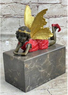 Bronzhaus Colorful Resting Fairy Girl Child Bronze Metal Figurine Sculpture On Marble Base
