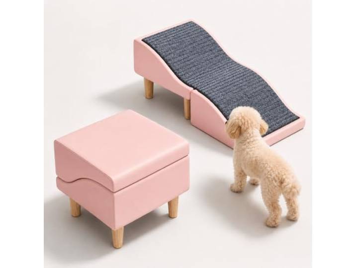 Hunderampe, Haustiertreppe, Klappbarer 2-in-1-Hocker, 80 cm 32°-Wellenneigung, abnehmbare Filzmatte und Holzrahmen für sicheren Alltag(Pink)
