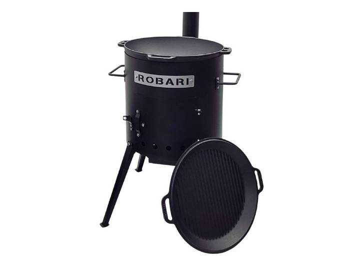 ROBARI Holzkohlegrill ROBARI Utschak Set mit Kazan aus Gusseisen 12l Grilldeckel-Pfanne