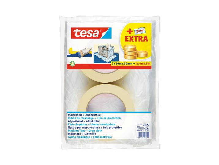 Tesa Abdeckset Malerband 2x 50 m x 30 mm+ Abdeckfolie 4 m x 5 m